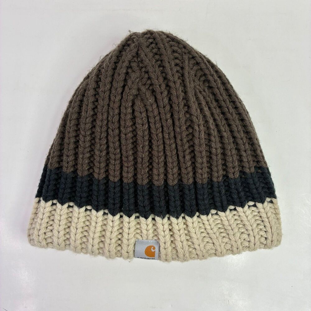Carhartt Knit Beanie Brown Tan Black Striped One Size Workwear Winter Hat